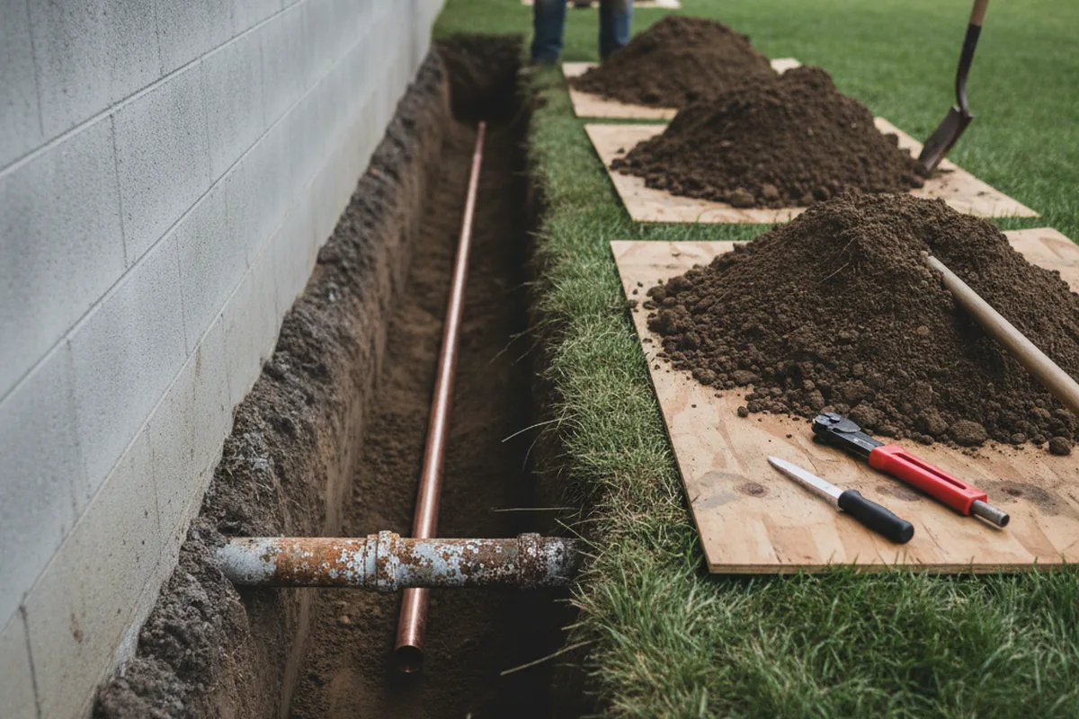 Excavated water line trench during Water Softener Installation in Leon